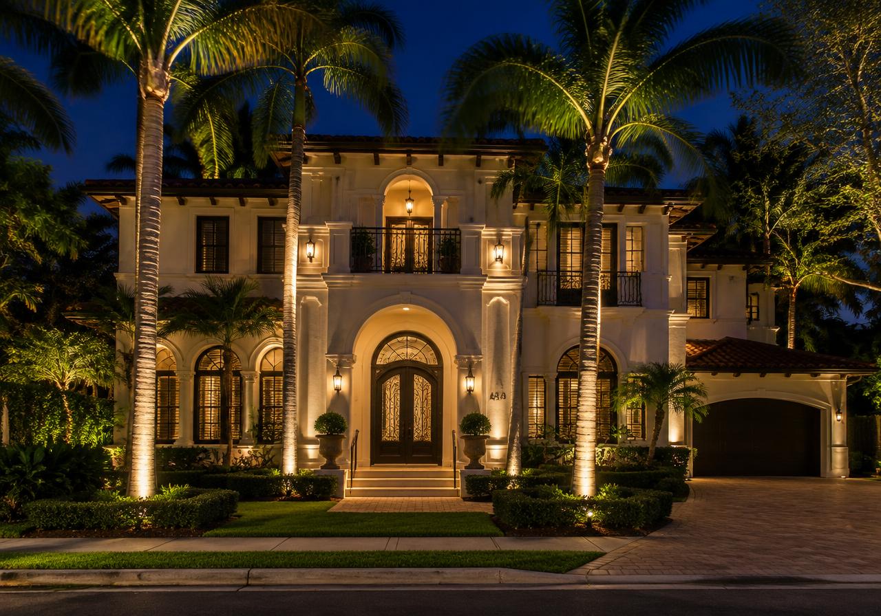 Home with warm architectural lighting